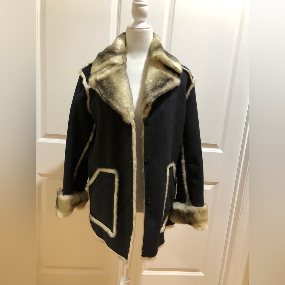DENNIS BASSO Simulated Black Suede Coat with Faux Fur Collar and Lining. Size XS